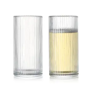 Tasse à eau en verre ronde et droite de 450ml tasse en verre transparent à rayures en stock