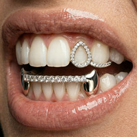 Meilleures ventes : Ensemble de grillz punk en zircon doré, plaqué argent/or, avec motifs cœur, trèfle, crocs creux, bijoux corporels tendance pour Halloween
