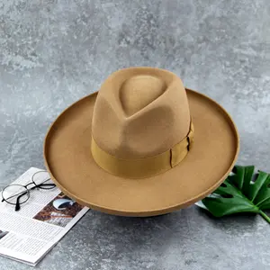 Cappello Fedora a tesa larga in feltro di lana Lihua cappello Fedora cammello di alta qualità cappelli rigidi a tesa larga Fedora
