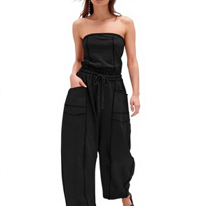 Mono negro sin tirantes para mujer, de cintura alta, ajuste regular, tejido transpirable, ecológico, informal, para vacaciones, con bolsillos por encima de la rodilla - Product Image 3