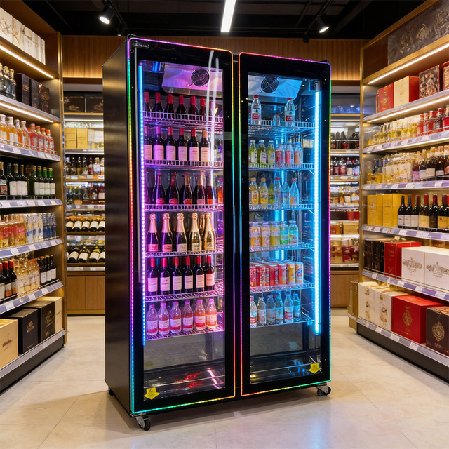 LED Full Screen Glass Door Wine & Beverage Cooler Vertical Display Refrigerator with Anti-Fog Glass