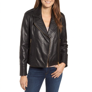 Womens Black Genuine Leather <b>Quilted</b> <b>Jacket</b> Lapel Collar Full Zip Short Moto Coat leather <b>jackets</b> for women - Product Image 3