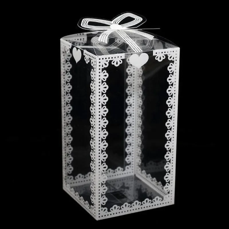 Caja de plástico transparente para pastel de embalaje de boda de varios tamaños de PVC al por mayor con pajarita blanca