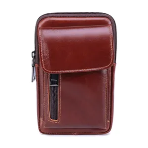 Mode en cuir véritable taille ceinture sac hommes en gros café-couleur à la mode voyage course Pack fermeture à glissière Logo boîte