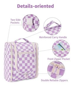 กระเป๋าเครื่องสำอางแบบแขวนขายส่ง ลายตารางสีม่วง กันน้ำ กระเป๋าใส่เครื่องสำอางพกพา กระเป๋าเดินทางพร้อมหูหิ้ว - Product Image 4
