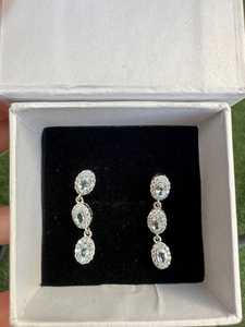 Boucles d'oreilles clous en or 10K avec topaze bleue et diamants, véritables pierres précieuses solitaires à trois pierres, bijoux de mode tendance, cadeau pour femme - Product Image 2