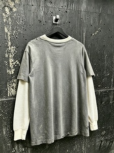 Men's Oversized Gray Long Sleeve T-<b>Shirt</b> With Cream <b>Waffle</b> Trim O-Neck Vintage Solid Color Casual Top - Product Image 2