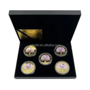 Colección de Hello Kitty de anime kawaii, 5 diseños, moneda chapada en oro de 24K, en stock
