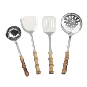 Toptan OEM mutfak gereçleri aksesuarları bambu plastik saplı mutfak eşyaları paslanmaz çelik pişirme araçları setleri