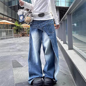 American Street Style Asymmetrical Washed Chiffon <b>Jeans</b> <b>for</b> <b>Women</b> 2025 Spring New Boot Cut Loose Cute Draped Long Pants - Product Image 3