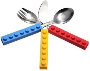 Newsun Silicone Handle Metal Cartoon Children's Eco-friendly School Use Square <b>Building</b> <b>Block</b> Flatware Set Training Spoon Fork - Product Image 1