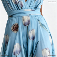 Robe longue en mousseline de soie à imprimé floral pour femmes, col en V profond, sans manches, taille cintrée, plissée, coupe évasée, avec poches