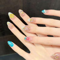 Faux ongles à presser en acrylique, motif floral 3D gaufré dégradé bleu, avec strass écrasés, faits main, réutilisables, OEM ODM, vente en gros d'usine, personnalisables