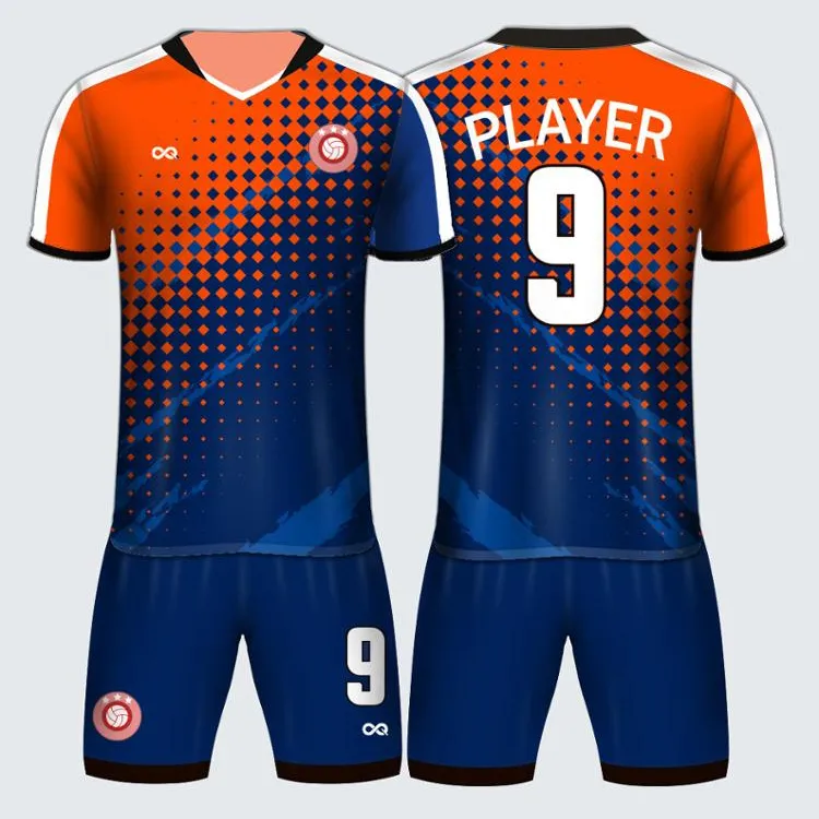 Wholesale Best Quality Design Your Own 100% Polyester Sublimation Men's Orange & Blue Football & Soccer Sets