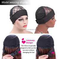 Casquette de perruque pour les cheveux noirs, bandeau en dentelle avec poignée en crochet, Plus filet de fixation
