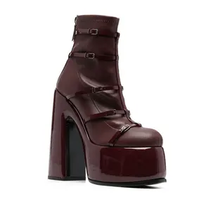 Botas ankle boots de plataforma, botas curtas femininas com zíper e dedo do pé redondo, tamanhos 43, super plataforma, vinho, vermelho, preto, com fivela, solado grosso, 2022