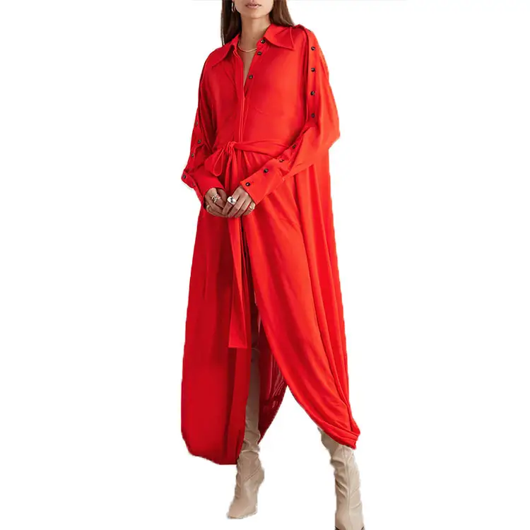 Made In China Ladies Tie Belted Wrap Style Button Up Sleeves Back Split Down Flowy Draped Red Jersey Crepe Maxi Dresses