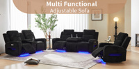 Ensemble de canapés inclinables électriques de cinéma et de théâtre avec massage, design moderne en tissu, chargeur sans fil et lumières LED pour usage en centre commercial et hôtel