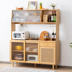 Nordic Style Tall <b>Sideboard</b> Cabinet With Glass Doors And Rattan Panel For Kitchen <b>Storage</b> 900mm Above - Product Image 1