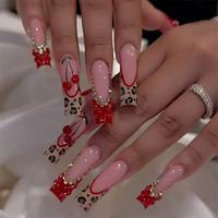 Faux ongles à presser en strass rouge léopard cerise, fabriqués à la machine, 24 pièces/boîte, longs ongles cercueil, en gros pour fêtes et vente au détail de mode