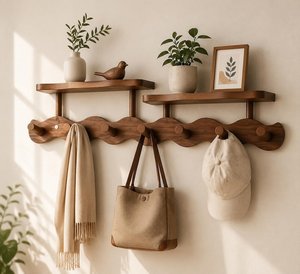 Natural Wood <b>Wall</b> Hook Rack Wooden Coat Hanger Entryway Storage <b>Shelf</b> Bathroom Organizer 4 6 8 Hooks - Product Image 2