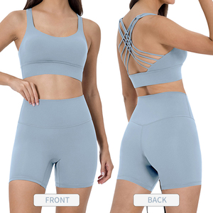 Conjunto Deportivo de Dos Piezas para Mujer S2010+DK067, Secado Rápido, Color Sólido, Espalda Descubierta, Top Deportivo Cruzado, Pantalones Cortos de Cintura Alta, para Gimnasio, Fitness, Yoga - Product Image 2