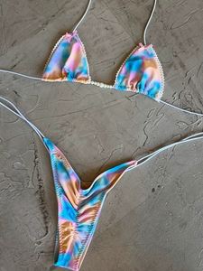 セクシーブルーピンクのグラデーションレースプリントマイクロビキニ2026女性弓ストラップパールプッシュブラ包帯ひも2ピースセットウエスト水着 - Product Image 2