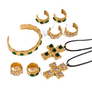 Cross Shape Zinc Alloy Huggie <b>Earrings</b> With <b>Green</b> Stones Party Jewelry Set - Product Image 5