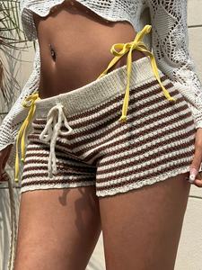 Women's Casual Vintage Mid-Waisted <b>Elastic</b> Waist Corduroy Plaid Bow <b>Lace</b> Breathable 100% Cotton Shorts - Product Image 3