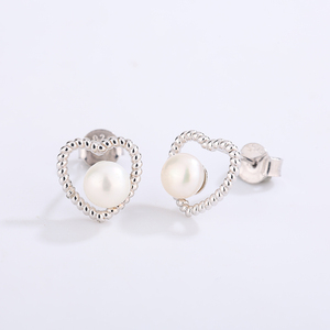 <b>Copper</b> Heart Rope <b>Frame</b> Freshwater Pearl Stud Earrings Minimalist Silver Plated Jewelry for Women - Product Image 2
