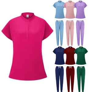 Women's Scrub <b>Set</b> Short Sleeve <b>Knitted</b> Split Uniform Elastic Quick Dry Breathable For Nurse Dental Workwear S XXL - Product Image 1