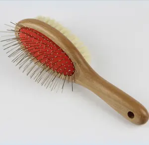 Natural Wooden handle Two sides Pet Item Dog Brush with long pins dog cleaning brush