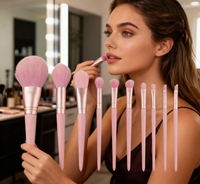 Ensemble professionnel de 10 pinceaux de maquillage roses avec pinceaux éventail, plats, kabuki, pour le nez et les ombres, outils pour le blush du visage, poignées en plastique incluses