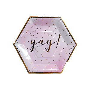 Assiettes en papier hexagonales roses avec logo personnalisé doré - <span class=keywords><strong>Vaisselle</strong></span> <span class=keywords><strong>jetable</strong></span> pour fêtes d'<span class=keywords><strong>anniversaire</strong></span> et célébrations pour filles - Product Image 1