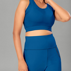 <b>Women</b> <b>Blue</b> Two Piece Yoga Set High Waist <b>Leggings</b> Scoop Neck Crop Top Seamless Full Length Solid Color Quick Dry <b>Women</b> Yoga Set - Product Image 5