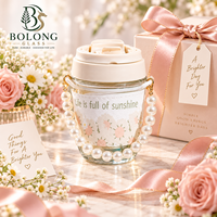 Gobelet en verre personnalisé avec logo, poignée en perles, couvercle à rabat imprimé marguerite, 350 ml, détachable, mignon, cadeau, thé, café, Bolong
