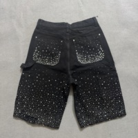 Shorts en jean baggy pour homme, style streetwear personnalisé, 100% coton, avec effet délavé à l'acide, fermeture éclair, strass et déchirures, orné de cristaux sur toute la surface.