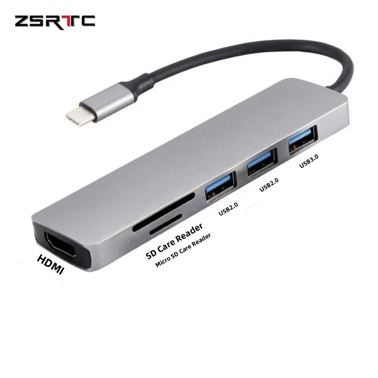 6in1 USB Docking Station USB3.0 Type C HUB 6 Port USB Data up to 5G 4K@30HZ HDMI USB-C Hub