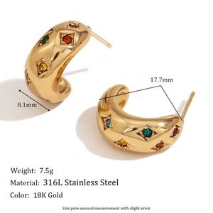 Pendientes de Botón de Circonita con Incrustaciones de Estrellas y Luna en Oro de 18K Retro, Chapados en Acero Inoxidable de Moda para Aniversario y Fiesta - Product Image 2