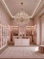Dressing sur mesure de style européen de luxe, rose, sculpté, avec îlot central, pour villa
