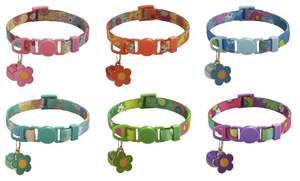 Venta al por mayor multicolor impresión ajustable poliéster mascota gato cachorro Collar con campanas y colgante floral - Product Image 2