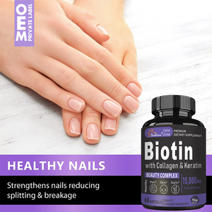 ราคาขายส่ง บรรจุภัณฑ์แบบกำหนดเอง ไบโอตินผสมคอลลาเจนและเคราติน แคปซูลเสริมความงามเพื่อสุขภาพผมและเล็บ 60 แคปซูล - Product Image 3