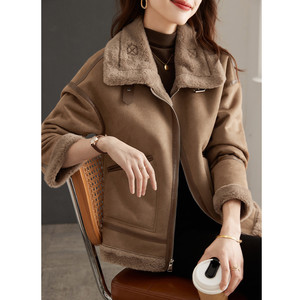 Chaqueta de lana elegante para Otoño e Invierno para mujer, botón informal, holgada, estilo motocicleta, cierre de cremallera, parte superior versátil, conejo <span class=keywords><strong>Artificial</strong></span> - Product Image 2