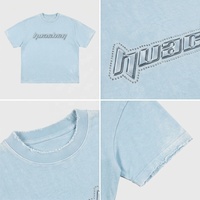 T-shirt Homme Personnalisé sur Mesure 300 GSM Bleu Glace Délavé Effet Minéral Impression 3D en Relief Strass Bords Bruts pour Usine de Marque Privée Designer