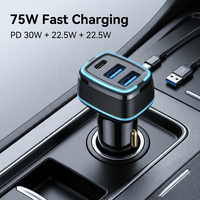 Chargeur de voiture 75W Triple PD 30W Type-C + 22.5W USB-A*2 avec anneau lumineux LED bleu glace, charge rapide et sûre, certifié FCC, OEM ODM
