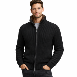 Veste en cachemire et laine pour homme à double <span class=keywords><strong>fermeture</strong></span> éclair en gris foncé, pull bomber en tricot côtelé avec col en fausse fourrure pour vêtements d'extérieur d'hiver de luxe - Product Image 3