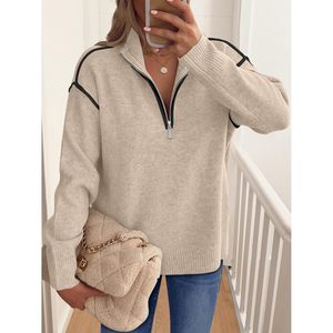 Pull en maille décontracté pour femme, col en V, manches longues, fermeture éclair quart de tour, anti-boulochage, idéal pour l'automne - Product Image 2