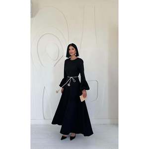 Robe trapèze kaki en tissu tissé, sans col, à manches ballon et ceinture, taille naturelle, style simple et décontracté, pour usage quotidien, vente en gros - Product Image 3