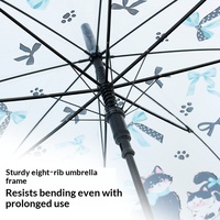 Parapluie droit automatique transparent et imperméable, style dessin animé chat français, avec poignée longue et design nœud papillon, résistant au vent