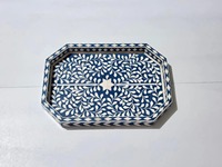 Plateau de service rectangulaire moderne fait main, écologique et durable, avec incrustations en os, poignées décoratives florales bleues, pour café et Diwali